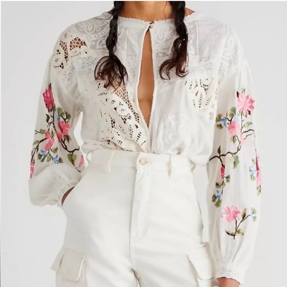 Free People White Embroidered Making Harmony Bodysuit